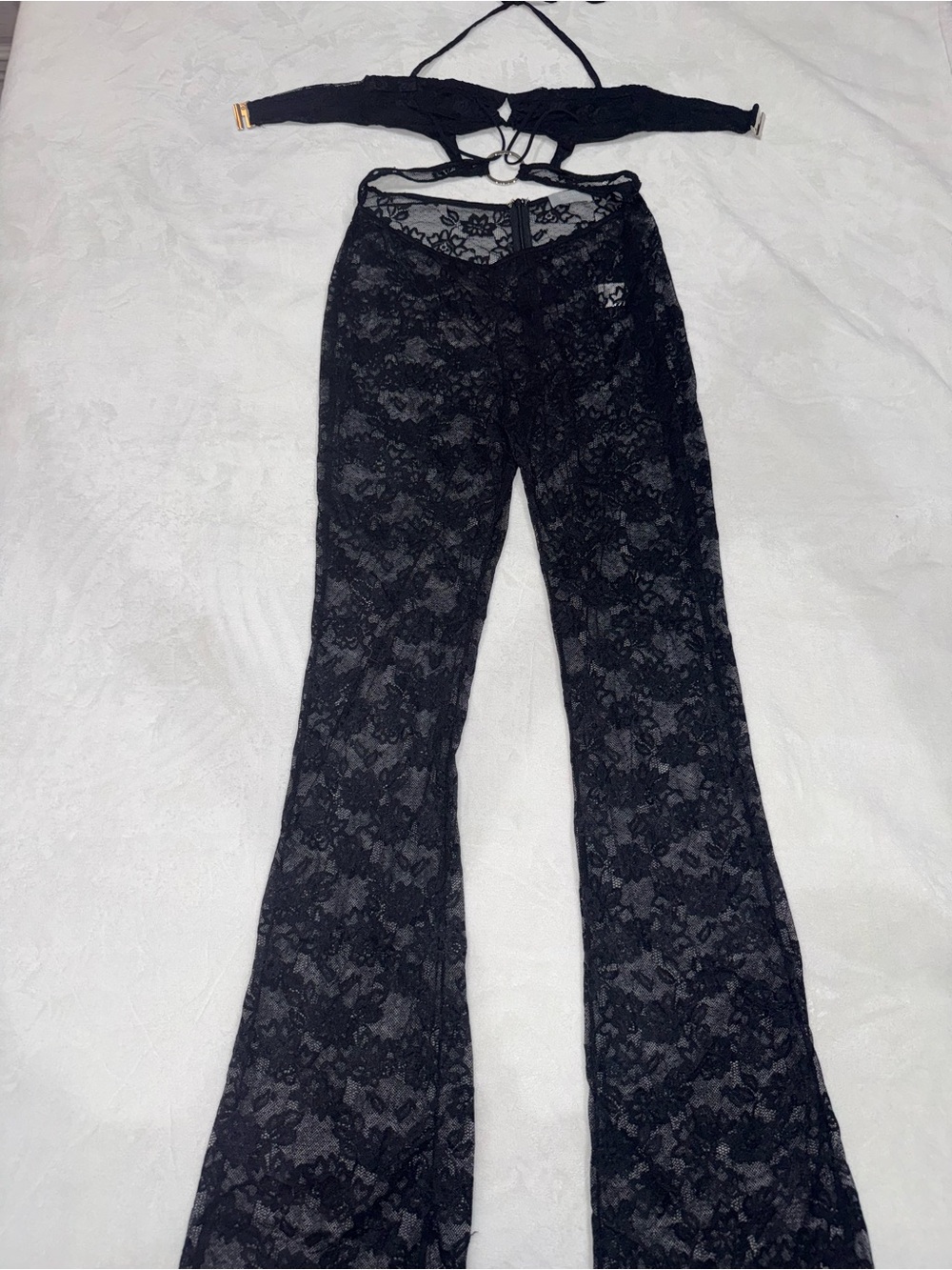 Outcast Black Lace Flare Leg Jumpsuit O-Ring Cutout Size M